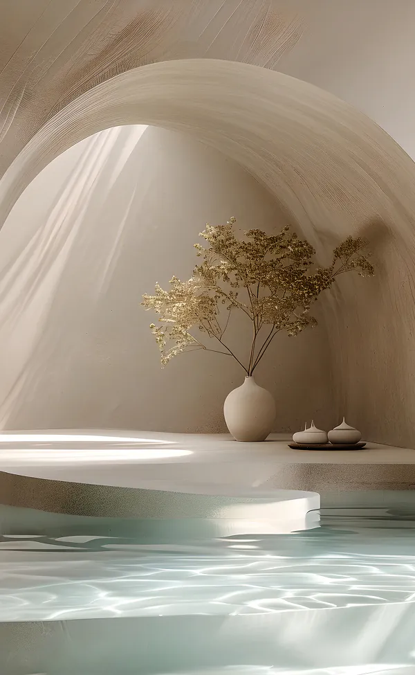 Arched interior with dried flowers and a reflecting pool